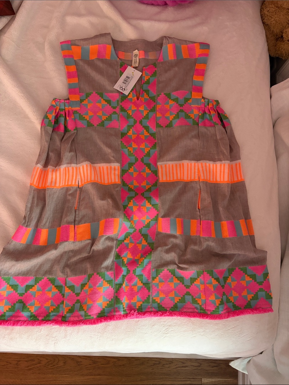 Uncle Frank Gray Dress with Neon Pink, Orange & Green Aztec Trim